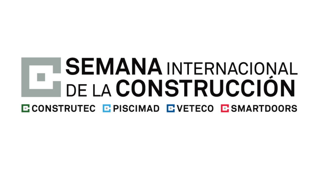 Semana Internacional de la Construcción logo with gray text and a left square emblem; partner logos Construtec (green), Piscimad (cyan), Veteco (blue), SmartDoors (red).